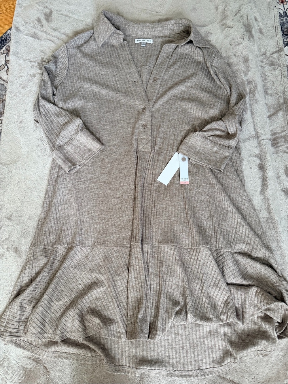Robbie Bee Taupe Ribbed Shirt Dress